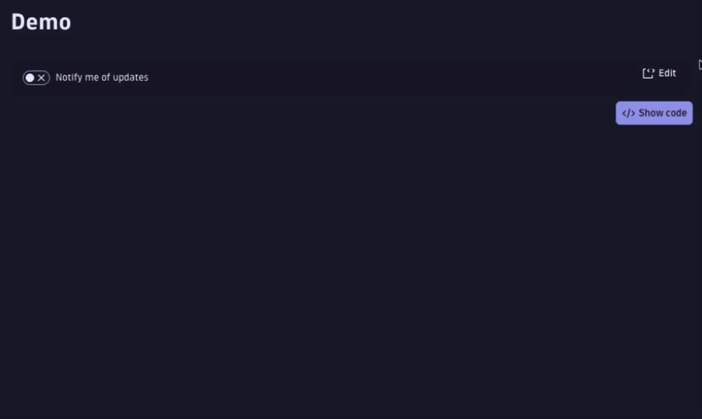 Interactive code snippet editor on a Strato component page — dark mode