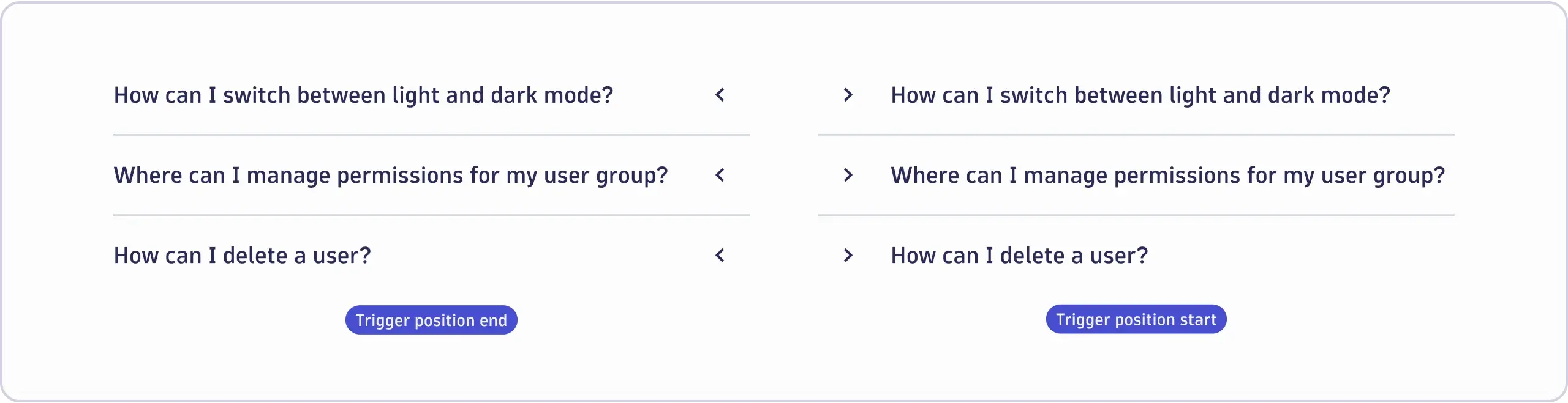 Examples of Accordion components with different trigger positions.