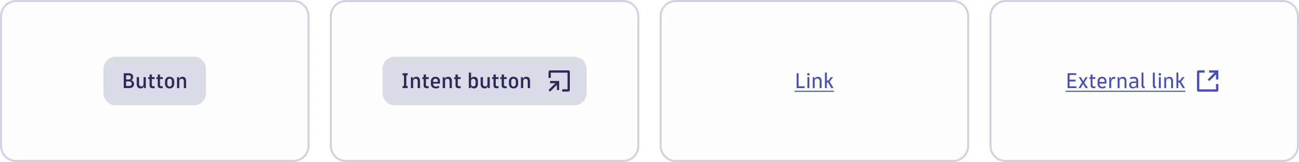 Examples of the Button, IntentButton and Link components next to each other.