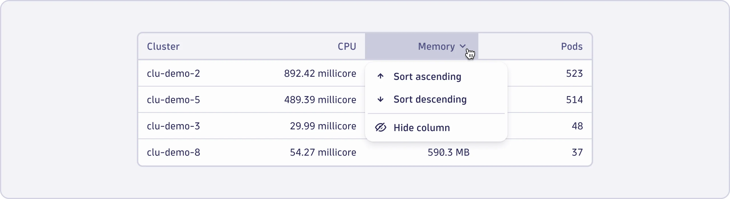 An example of a DataTable component with column actions.