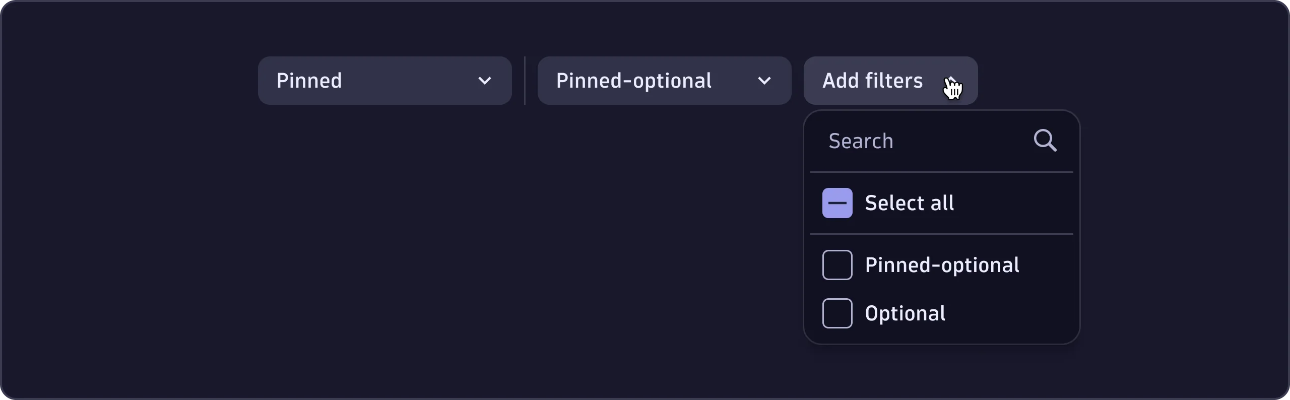 Examples of filter controls in the FilterBar component with different defaultPinnedState property values.