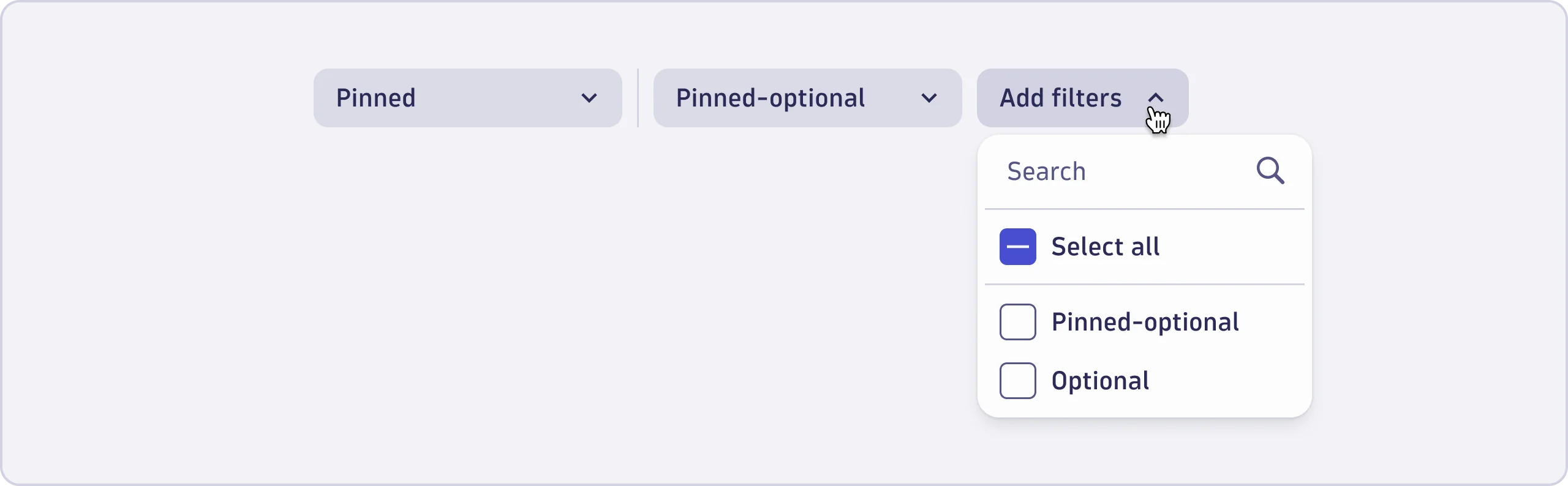 Examples of filter controls in the FilterBar component with different defaultPinnedState property values.