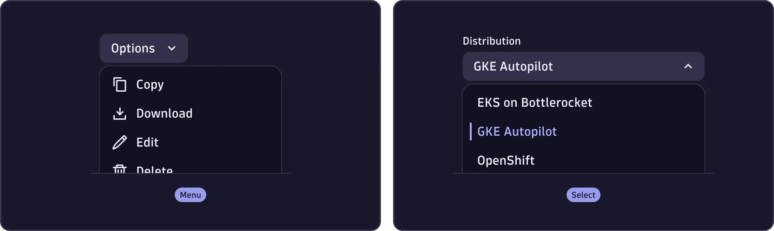 Examples of the Menu and Select components next to each other.