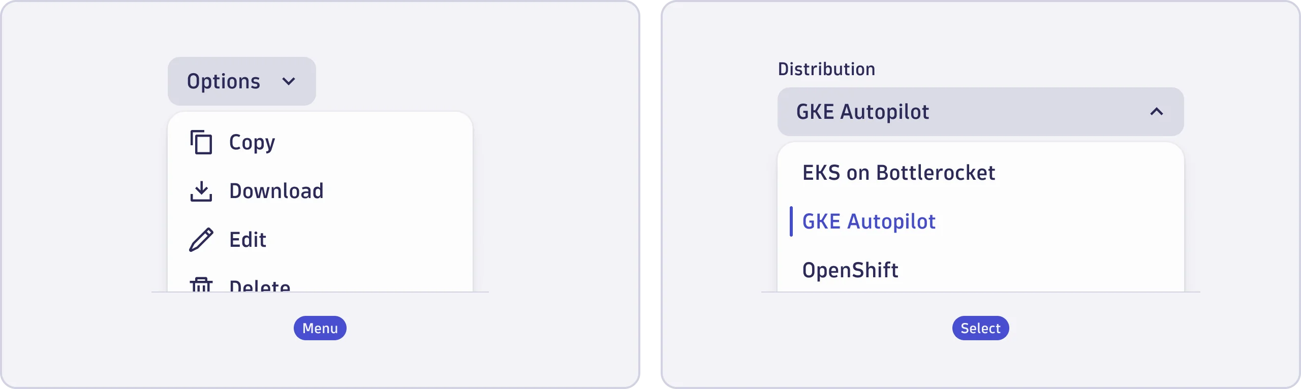 Examples of the Menu and Select components next to each other.