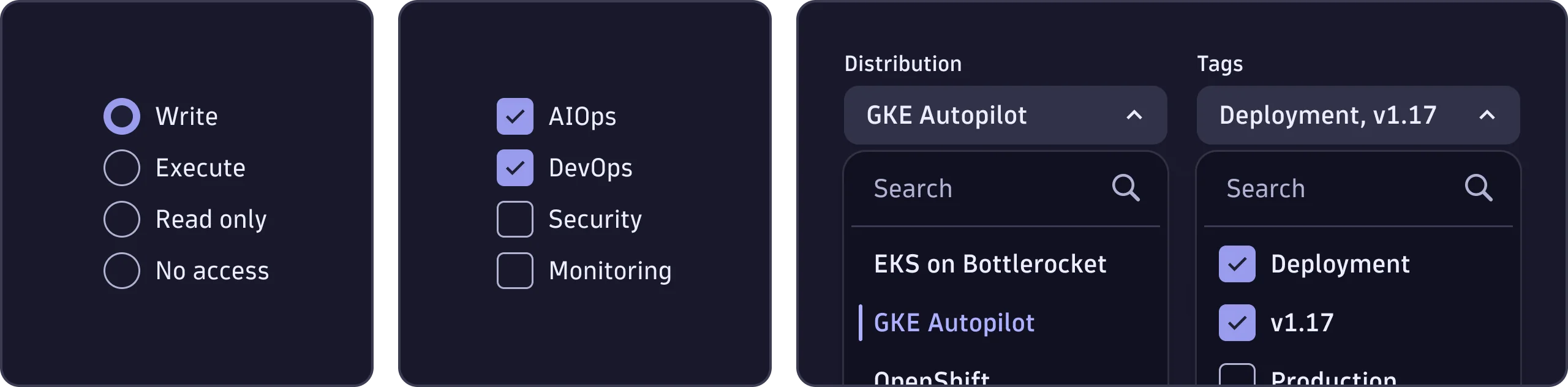 Examples of the Radio, Checkbox and Select components next to each other.