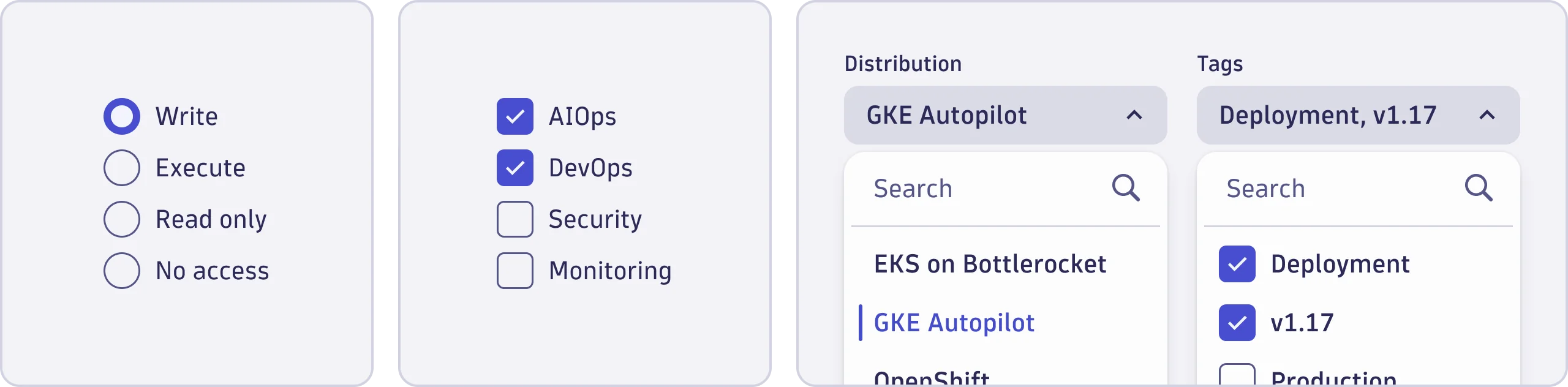 Examples of the Radio, Checkbox and Select components next to each other.