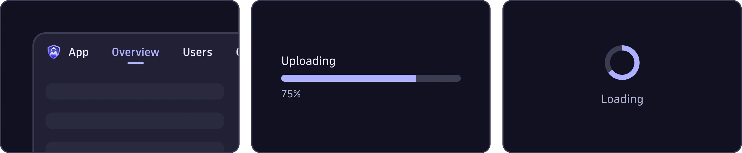 An example of a skeleton loading pattern next to a ProgressBar and ProgressCircle.