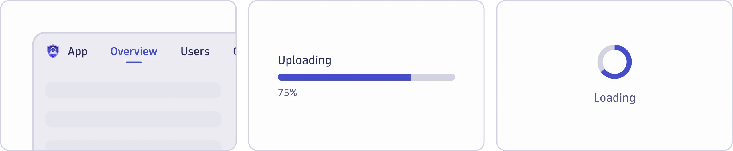 An example of a skeleton loading pattern next to a ProgressBar and ProgressCircle.